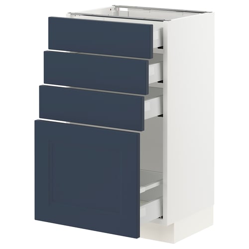 Blue and white kitchen cabinet, four drawers, sleek modern design.