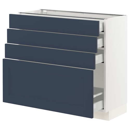 A blue SEKTION kitchen cabinet with four drawers and a large door, featuring a modern design.