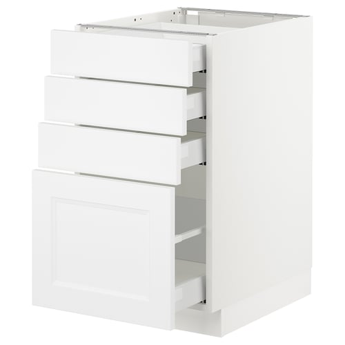 A white SEKTION kitchen cabinet with four drawers and a door, made from fibreboard and particleboard, featuring a modern design.