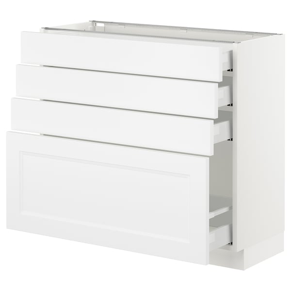 A white SEKTION kitchen cabinet unit by ikea with multiple drawers and shelves.