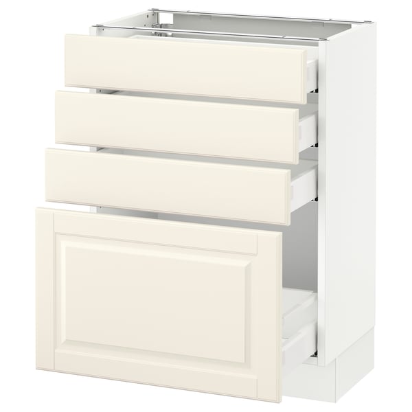 An off-white SEKTION kitchen cabinet with three drawers and a door, featuring a classic design with bevelled edges.