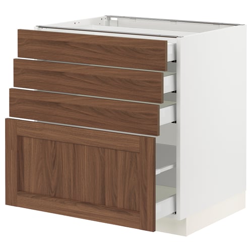 SEKTION kitchen cabinet: four drawers and one door, walnut finish, white frame, smooth antique brown wood grain.