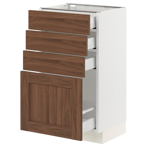 An ikea SEKTION kitchen cabinet with walnut-colored drawers and a white base. It four drawers and one cabinet door.