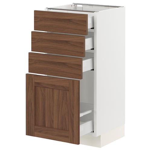 Ikea SEKTION kitchen cabinet with walnut drawers and white base.