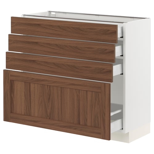 SEKTION kitchen unit in walnut wood finish with four drawers, sturdy frame, and sleek design.