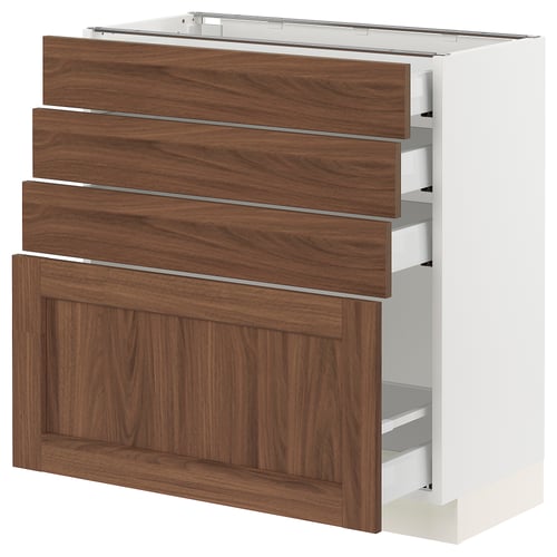 Ikea SEKTION kitchen unit in white with walnut drawers.