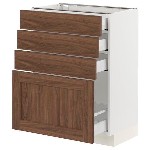 Ikea SEKTION kitchen unit with walnut drawers and white frame, has multiple drawers for storage.