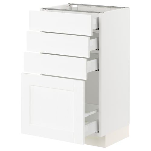 White SEKTION kitchen cabinet with multiple drawers, sleek and modern design.