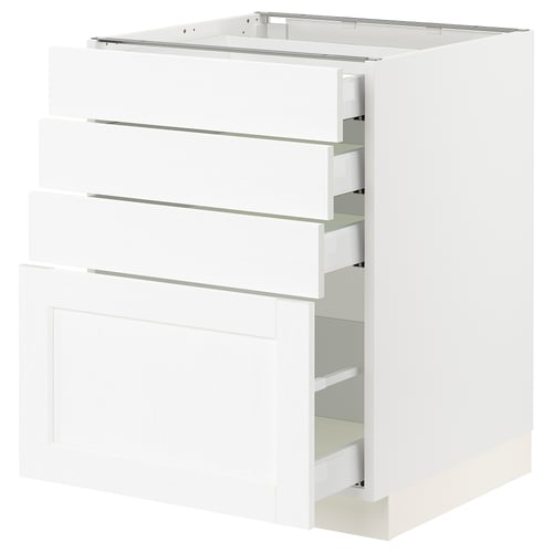 White kitchen cabinet, modern design, with four drawers and shelves. Smooth drawer runners and sturdy construction.