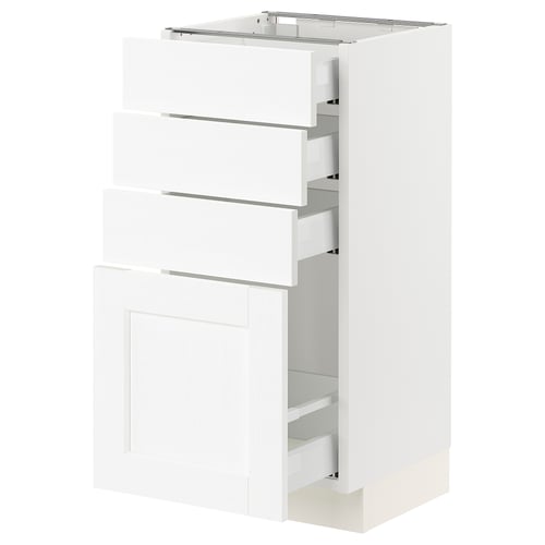 A white SEKTION kitchen cabinet unit with three drawers and one door, featuring a sleek, modern design.