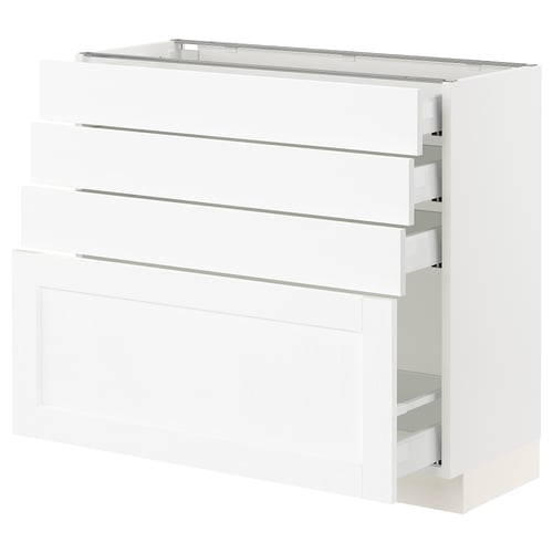 SEKTION white kitchen cabinet with four drawers and shelf.