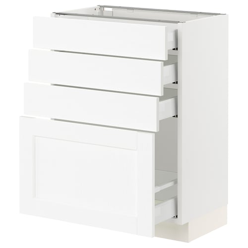 A white SEKTION kitchen cabinet with multiple drawers. It has a modern design with sleek handles and open storage on one side.