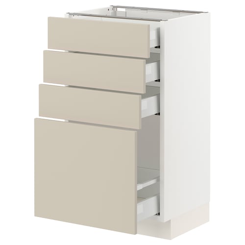 SEKTION kitchen cabinet, beige, white and grey, rectangular, modern design, multiple drawers.