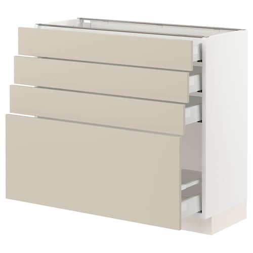 Beige SEKTION kitchen cabinet with four drawers, minimalist design.