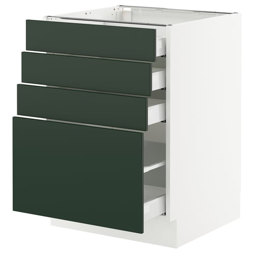 SEKTION kitchen cabinet with 4 green drawers, sleek and modern, durable white frame with smooth-running drawers.