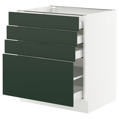 SEKTION kitchen unit in green with four drawers. Modern, white frame, sleek design.