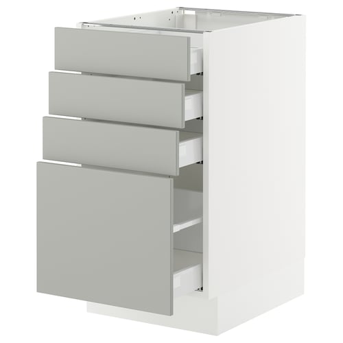 A white modern kitchen cabinet with light grey drawer fronts, featuring four drawers and a door.