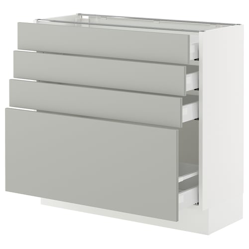 Ikea SEKTION light grey kitchen cabinet with 4 drawers and pull-out shelf, modern minimalist design.