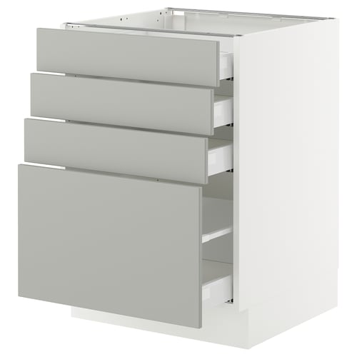 Modern kitchen cabinet, white with grey drawers, four full-extension drawers, sleek design, integrated dampers for smooth close.