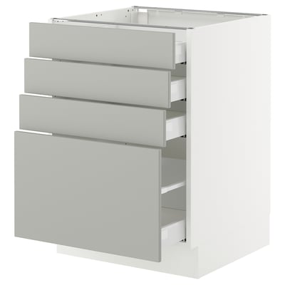 Modern kitchen cabinet, white with grey drawers, four full-extension drawers, sleek design, integrated dampers for smooth close.
