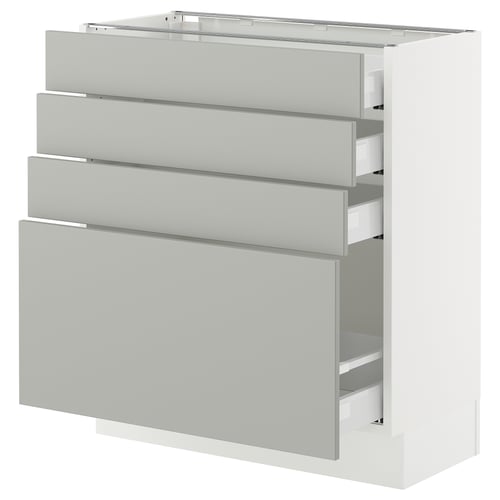 White kitchen cabinet with four grey drawers, modern, clean design, metal and wood construction.