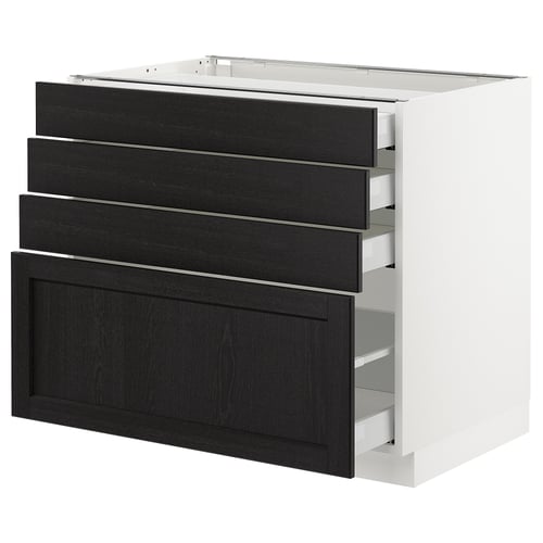 IKEA SEKTION kitchen cabinet with black drawers and door, bevelled edges.