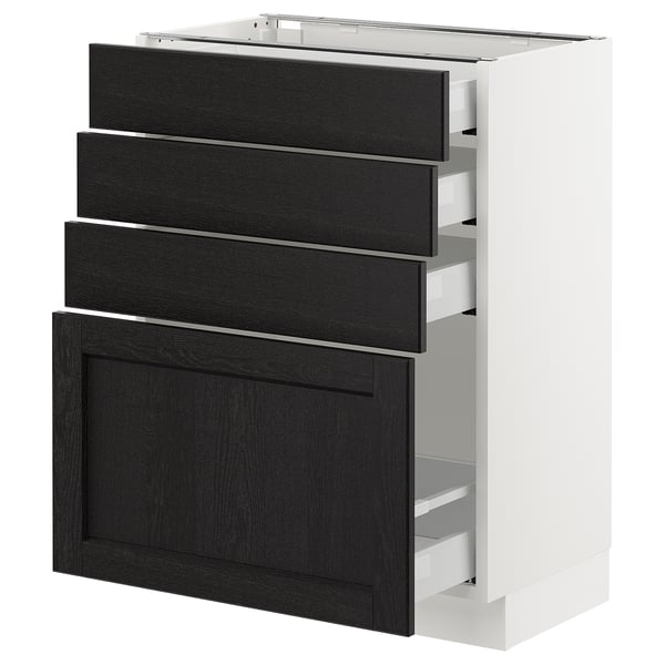 Modern kitchen cabinet in black and white. Four drawers, with dark stained wood fronts and bevelled edges, set in a white frame.