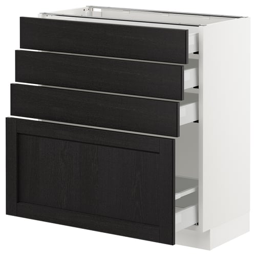 An ikea SEKTION kitchen cabinet with four black stained wooden drawers on a white frame.