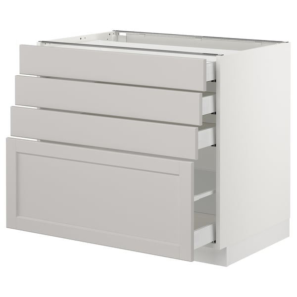 Light grey kitchen cabinet with four drawers and one door, modern design.