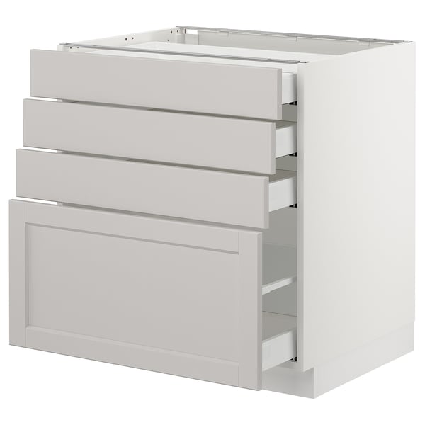 SEKTION light grey kitchen cabinet with multiple drawers, sleek design, made of birch and particleboard.