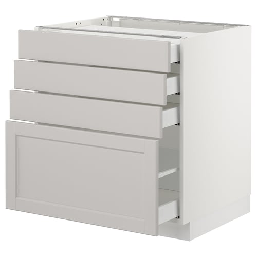 SEKTION light grey kitchen cabinet with multiple drawers, sleek design, made of birch and particleboard.