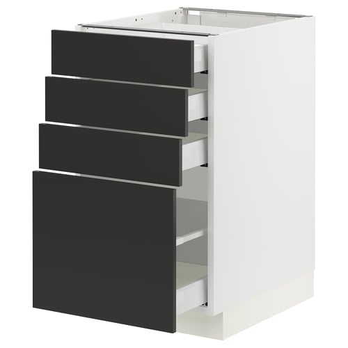 Modern SEKTION kitchen cabinet in white with four black drawers. Sleek, minimalist design.