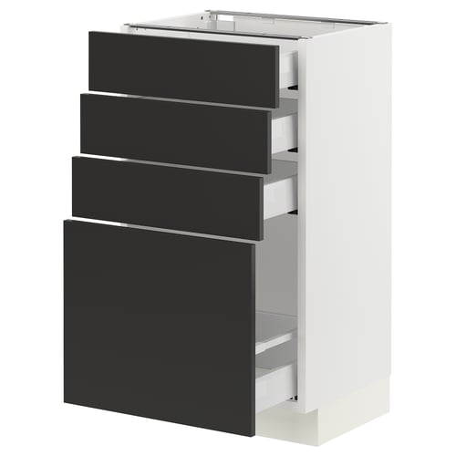 Modern kitchen cabinet in white with four black drawers, sleek and minimalist design.