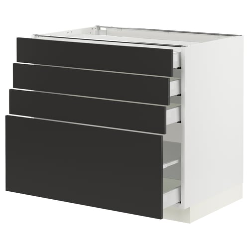 SEKTION kitchen unit with four black drawers and white frame, sleek modern design.