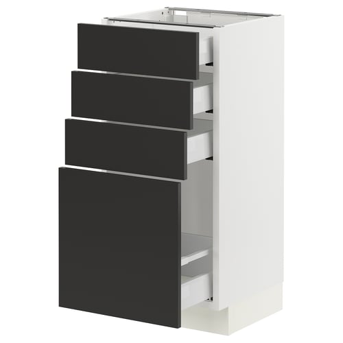Modern SEKTION kitchen cabinet in white with four black drawers.