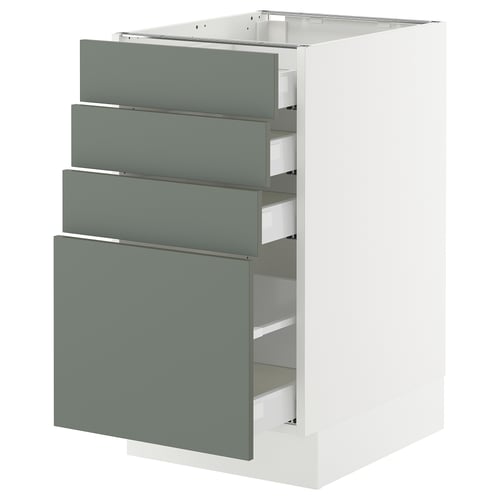 Modern kitchen unit named SEKTION, featuring five grey-green drawers, sleek and rectangular design with metallic handles.
