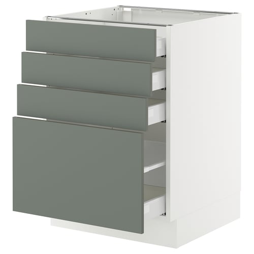 A white and grey-green ikea SEKTION kitchen cabinet with four drawers. The cabinet has a modern look with smooth-running drawers.