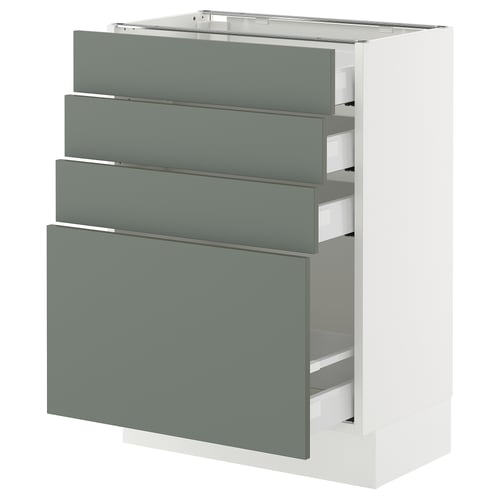 An ikea SEKTION kitchen cabinet with four grey-green drawers and a white base; modern and sleek design.