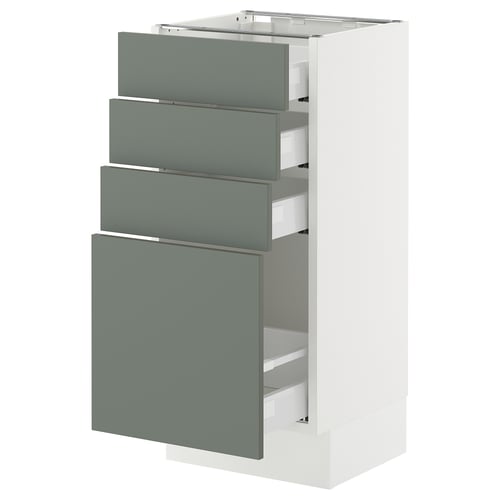 This image shows an ikea SEKTION kitchen unit with four grey-green drawers in a modern design, featuring a sturdy white frame.