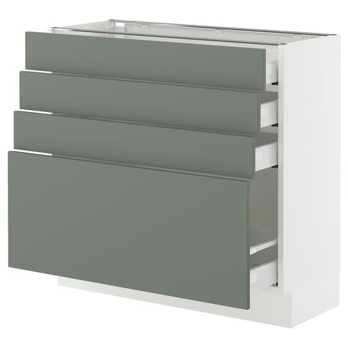 A SEKTION kitchen cabinet with five grey-green drawers. The cabinet is modern with a sleek design and soft-close drawers.