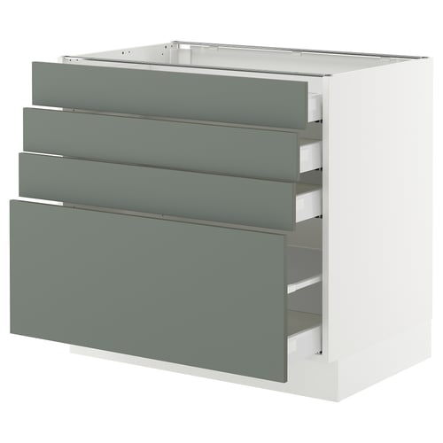 Modern kitchen cabinet, SEKTION line. White with grey-green drawers, rectangular, sleek design.
