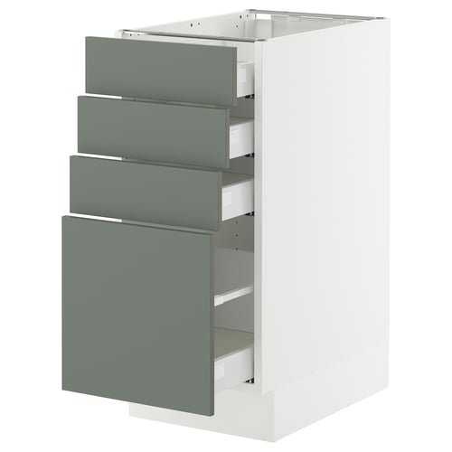 SEKTION kitchen cabinet in matte grey-green with multiple drawers. Sturdy, modern design.