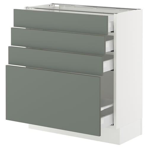 Modern kitchen cabinet, SEKTION series, grey-green, sleek design, four drawers, metal handles, in a white frame.
