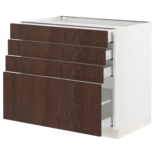 Dark wood-grain drawer fronts with white cabinet SEKTION kitchen base. Five full-extension drawers in a rectangular, modern design.