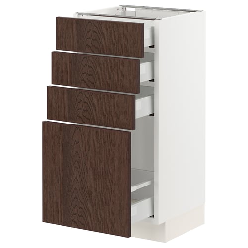 White SEKTION kitchen cabinet with dark brown wood drawers, sleek and modern design.