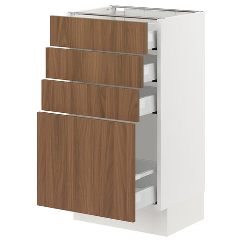 An ikea SEKTION kitchen cabinet with four wooden drawers in a walnut finish, featuring smooth surfaces and a minimalist design.