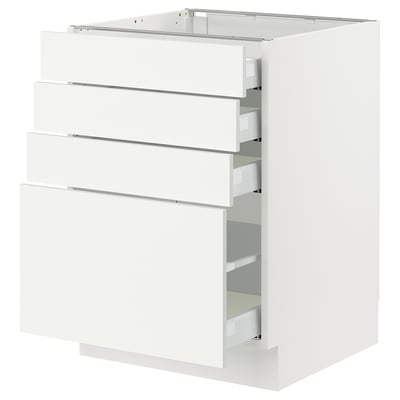 A white ikea SEKTION kitchen cabinet with multiple drawers. Its sleek and modern, ideal for storing kitchen items.