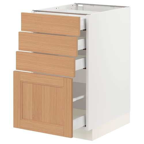 White ikea SEKTION kitchen cabinet with oak drawers and door.