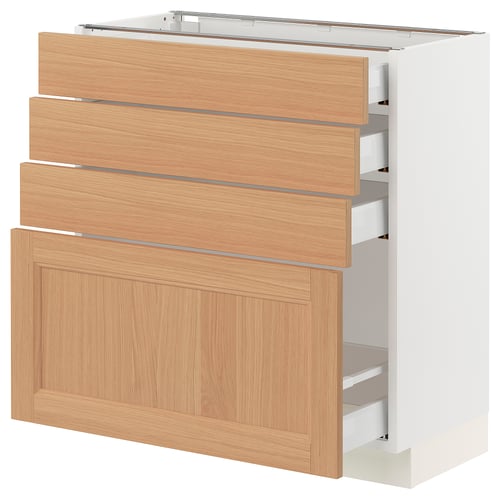 Ikea SEKTION kitchen cabinet in white with oak drawers. Four pull-out drawers, one full cabinet door. Modern, minimalist design.