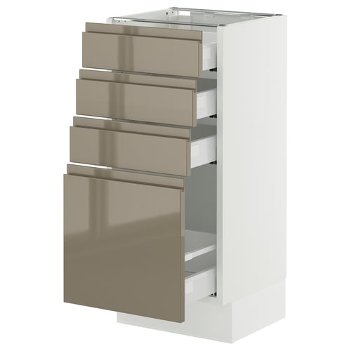 An ikea SEKTION kitchen cabinet in white with high-gloss dark grey-brown drawers. It four drawers and one door, offering a sleek and modern design.
